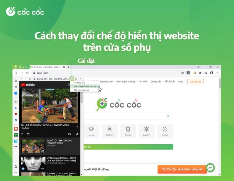 Bật mí cách xem YouTube trên cửa sổ phụ mở từ Sidebar Cốc Cốc