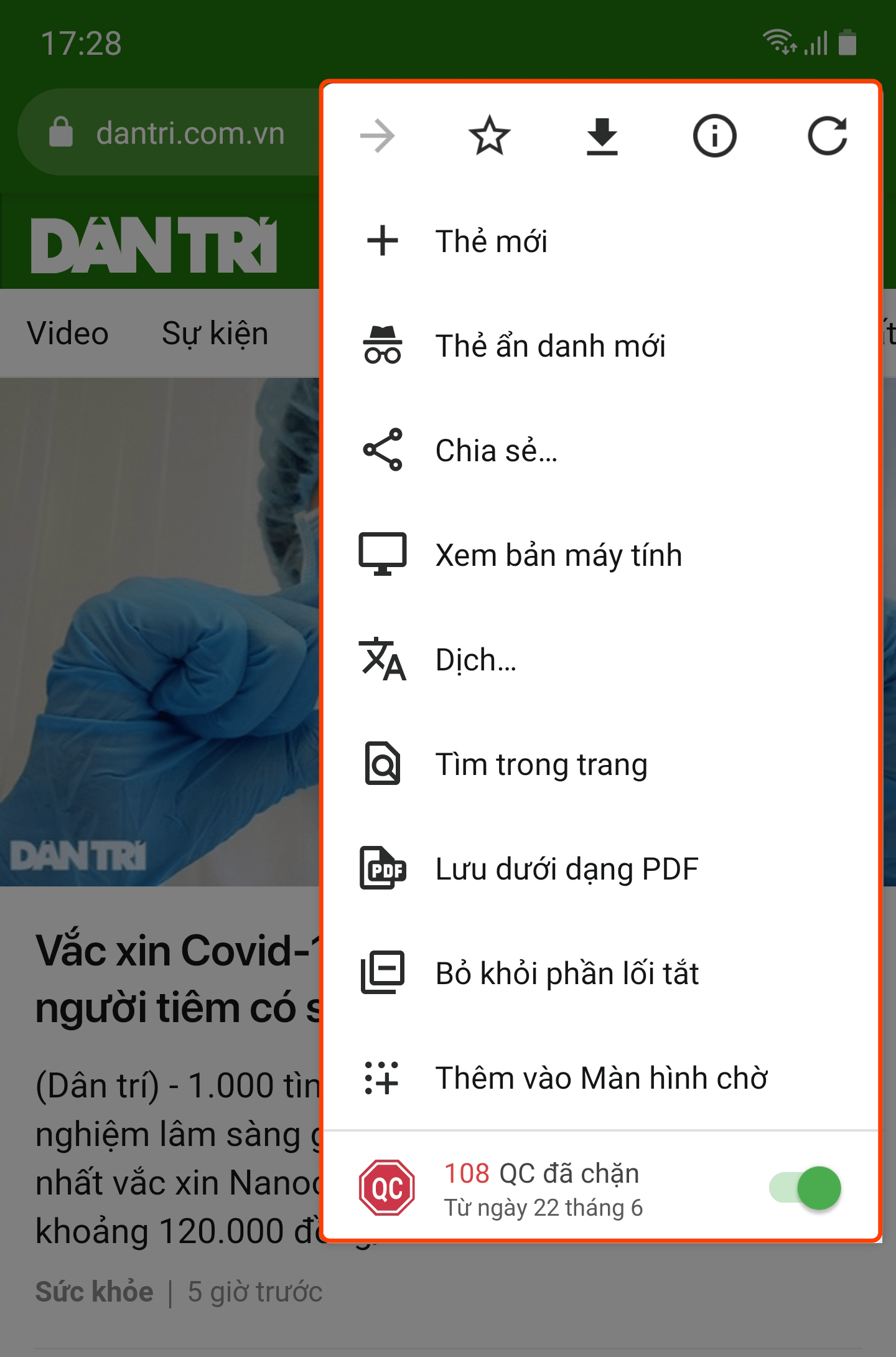 Ảnh: Menu Cài đặt trang web (trước đây) có nút Quay lại trang trước, Tiến tới trang tiếp theo và nút Tải file.