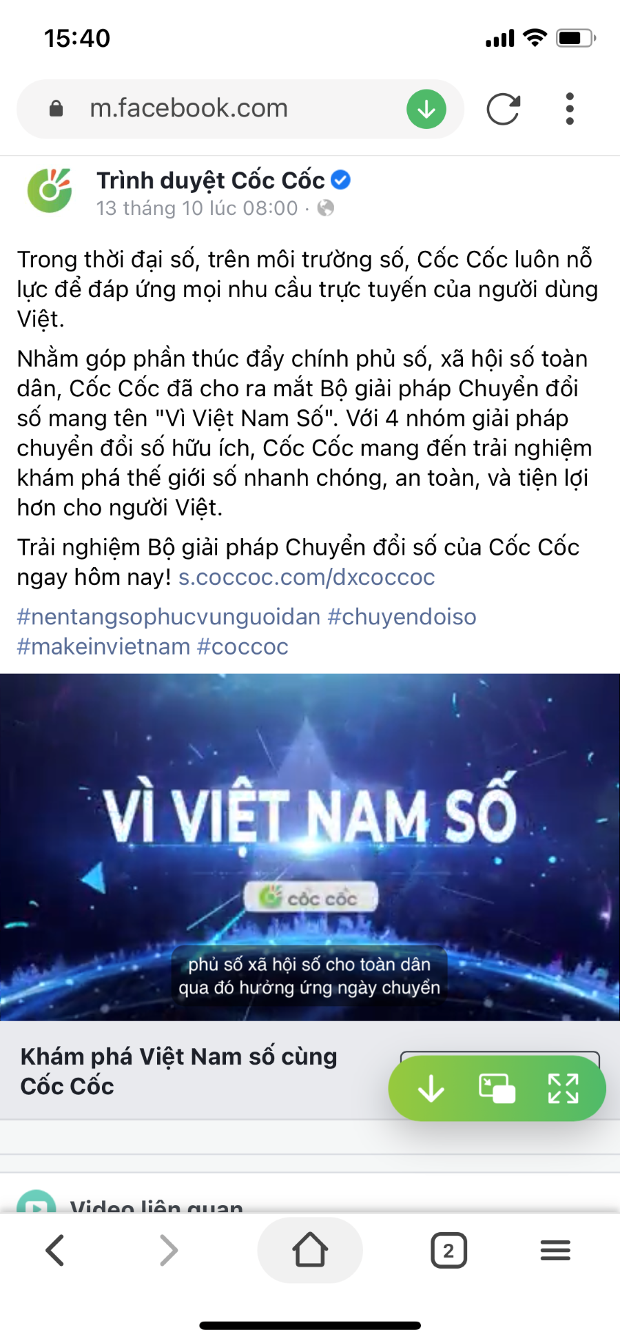 Cach tai video Facebook tien loi nhat voi Coc Coc Mobile