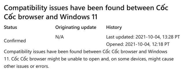 Microsoft cảnh báo vấn đề không tương thích giữa Trình duyệt Cốc Cốc và Windows 11.