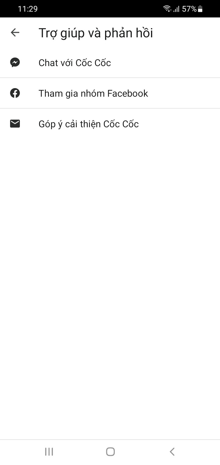 Tinh nang Tro giup va phan hoi trong ung dung Coc Coc Mobile cho Android