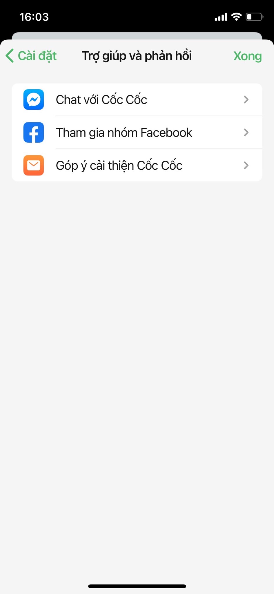 Tinh nang Tro giup va phan hoi trong ung dung Coc Coc Mobile