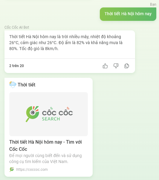 Su dung Coc Coc AI Chat - Xem thoi tiet hom nay