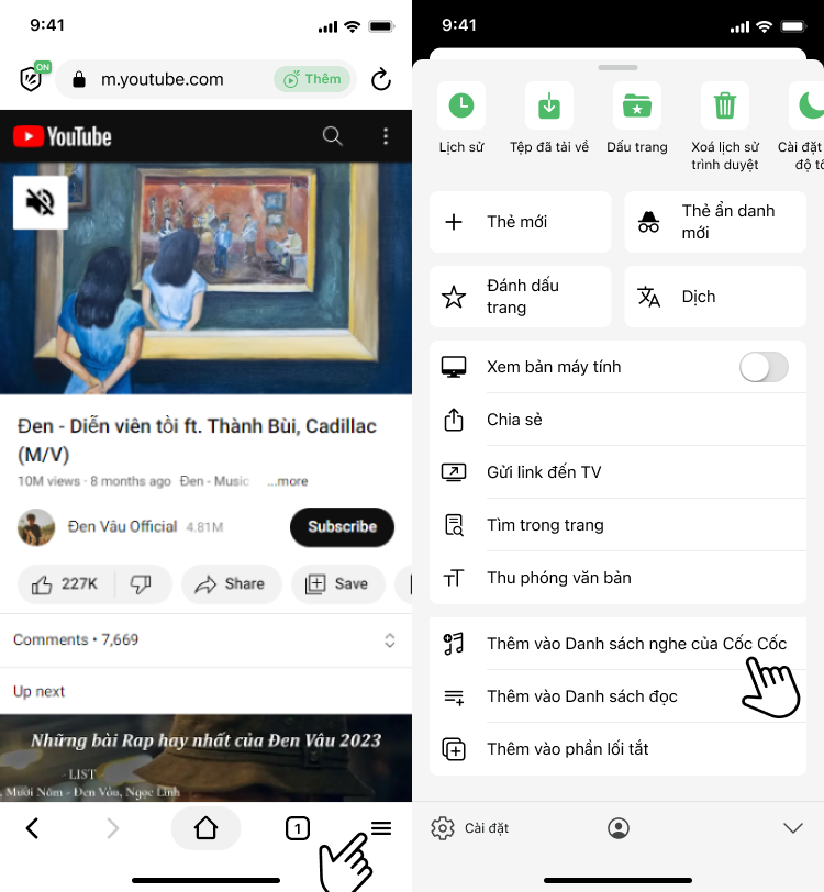 cách thêm video vào danh sách nghe cốc cốc