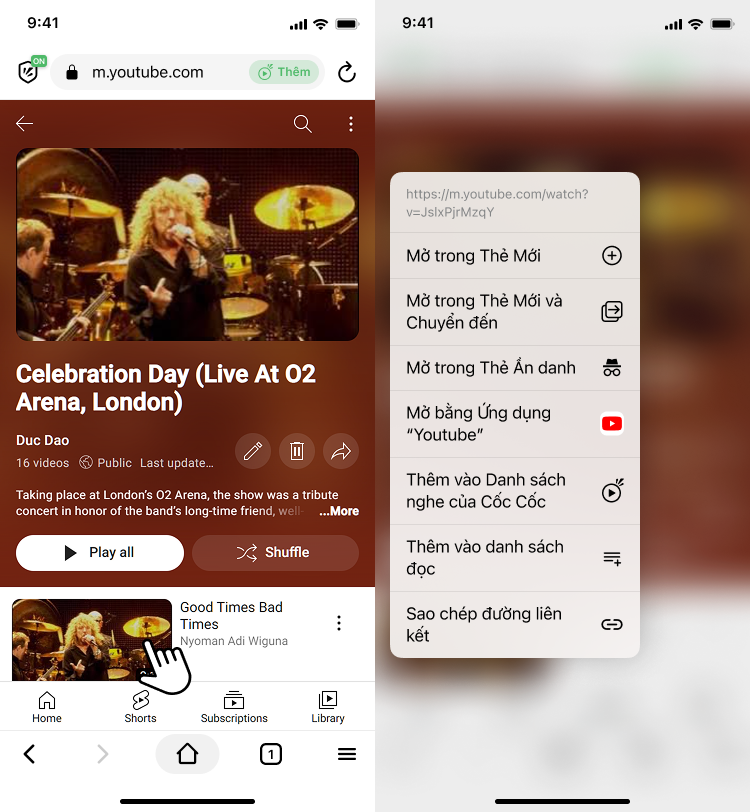 thêm video và nhạc vào danh sách nghe cốc cốc