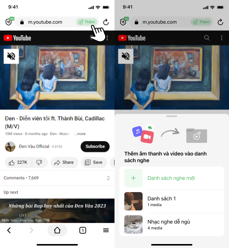 thêm video và nhạc vào danh sách nghe