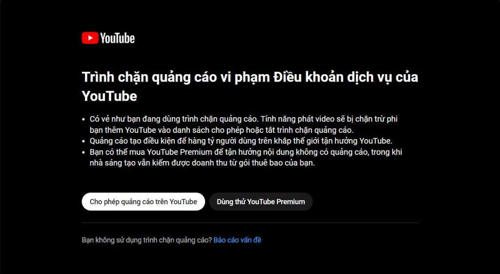 Thông báo Không cho phép trình chặn quảng cáo YouTube