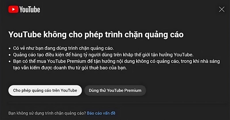YouTube không cho phép trình chặn quảng cáo
