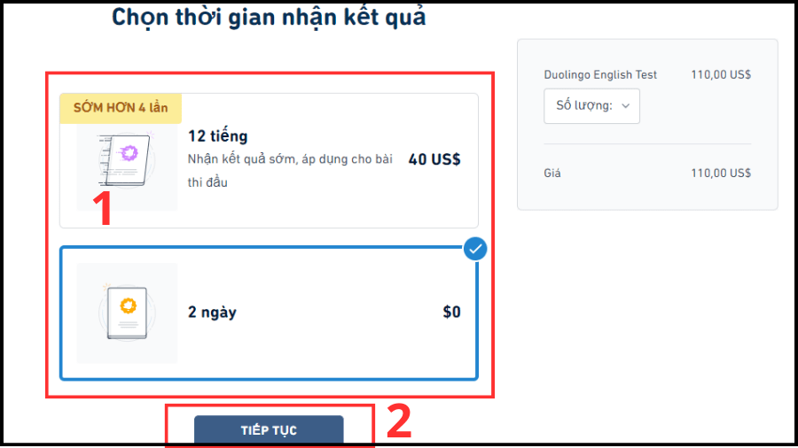 chọn thời gian nhận kết quả 