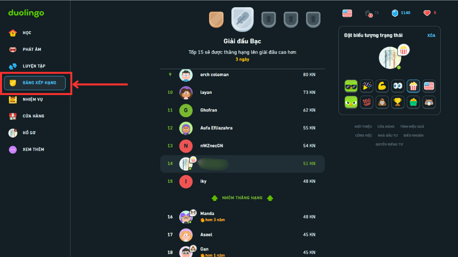 xem bảng xếp hạng Duolingo trên máy tính