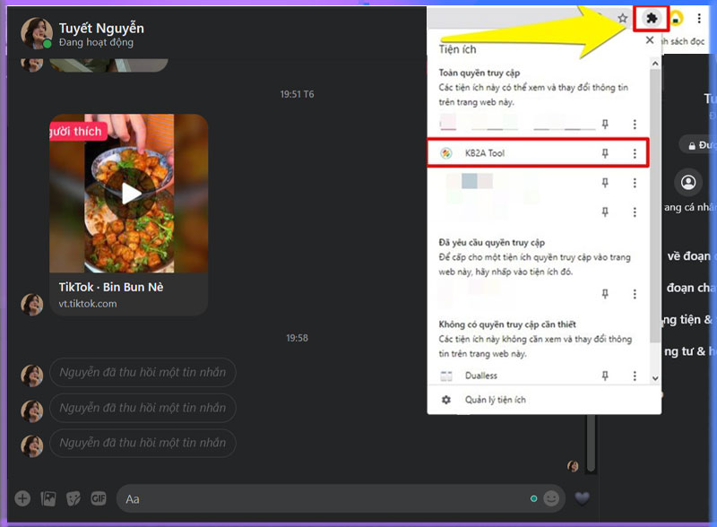 Sử dụng KB2A extension để xem tin nhắn đã thu hồi trên Messenger