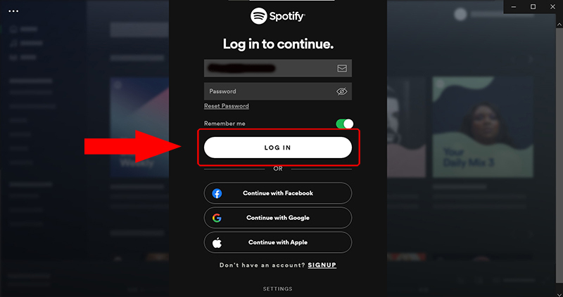 Đăng nhập tài khoản Spotify Premium vào mục LOG IN