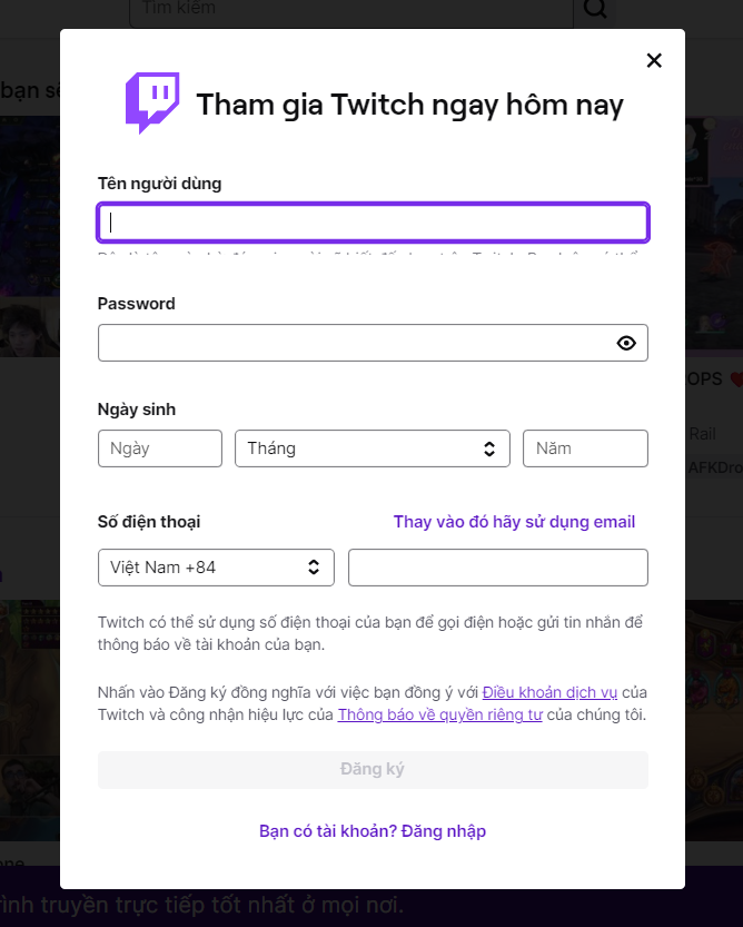 đăng ký tài khoản Twitch