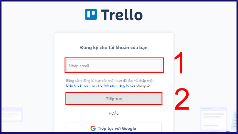 Điền thông tin: Nhập địa chỉ email của bạn, đặt tên cho tài khoản và nhấn "Tiếp tục".