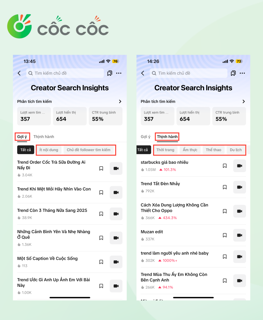 Tab Gợi ý và Thịnh hành Tiktok creator search insights