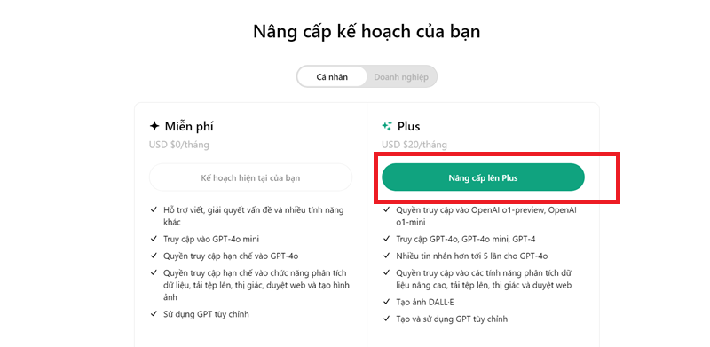 thao tac nang cap chatgpt len plus