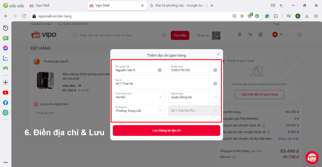 lưu địa chỉ giao hàng vipo mall