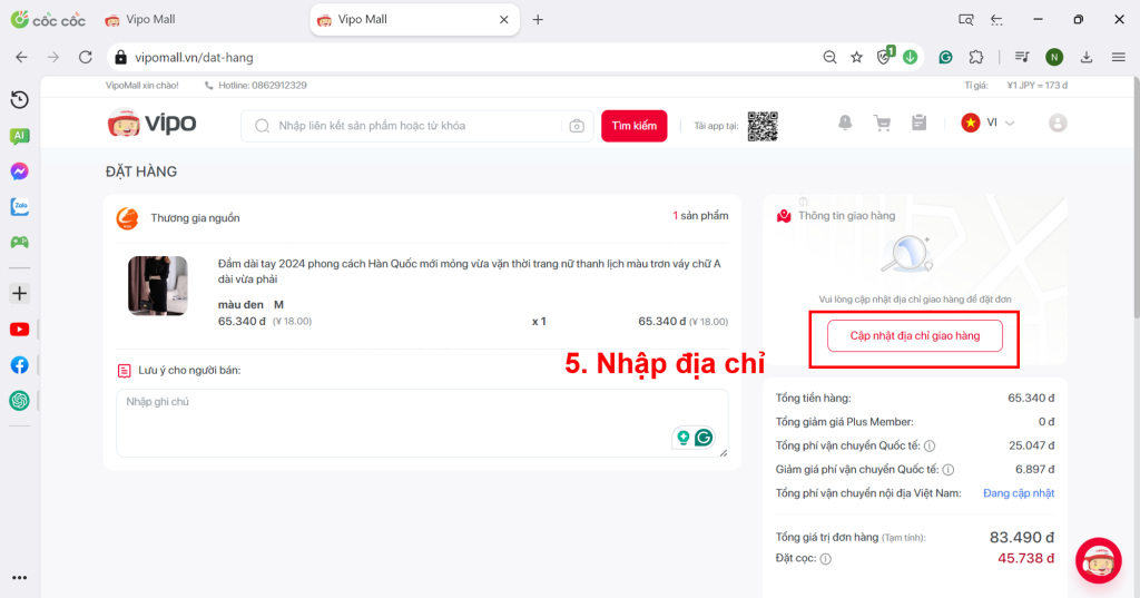 nhập địa chỉ giao hàng trên vipo mall