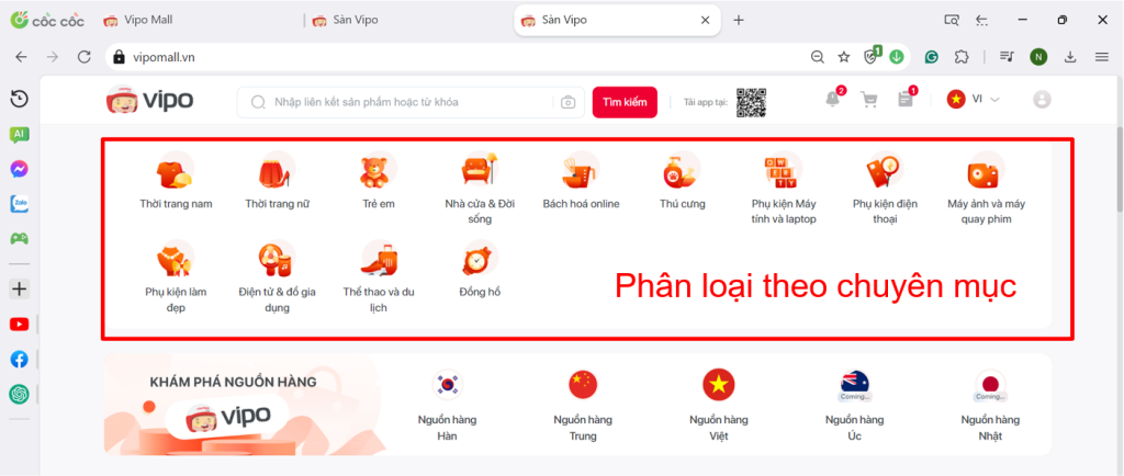 phân loại sản phẩm trên vipo mall