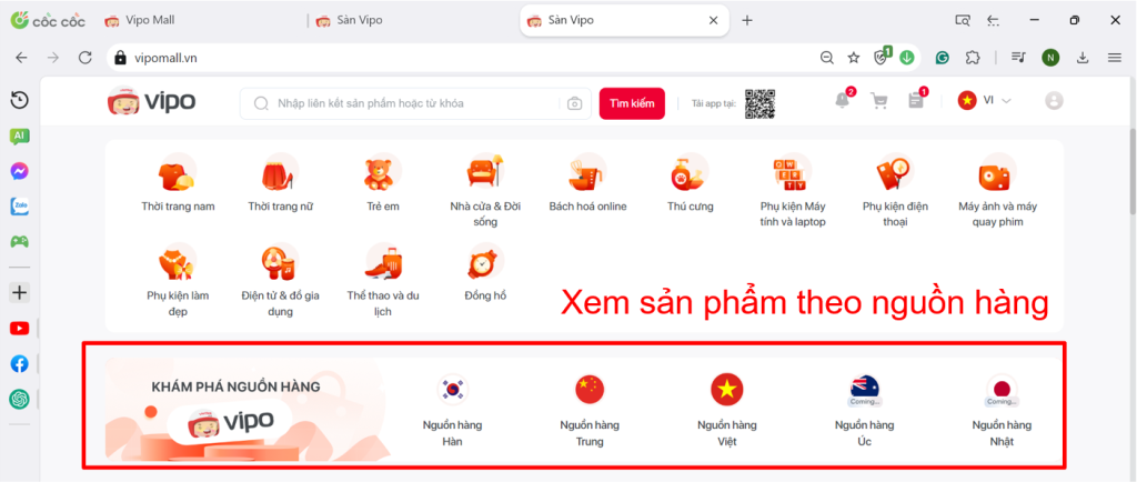 sản phẩm theo nguồn hàng vipo mall