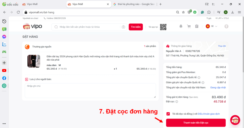 thanh toán tiền đặt cọc app vipo mall