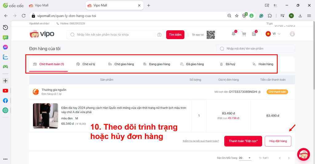 theo dõi tình trạng đơn hàng vipo mall