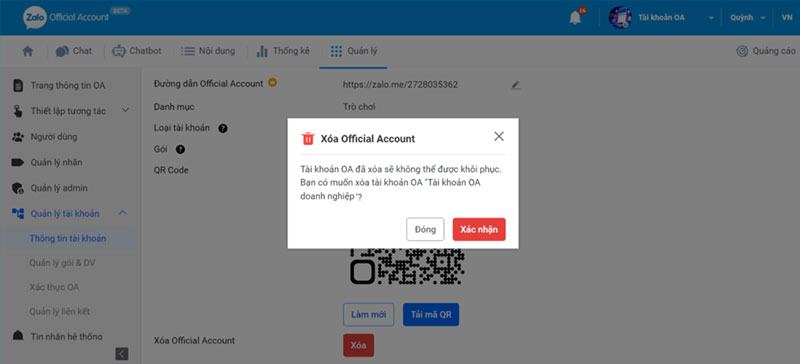 buoc xac nhan xoa tai khoan