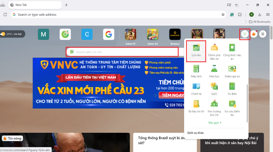 Xem lich am nhanh tren trinh duyet Coc Coc tren may tinh Xem lich am nhanh tren trinh duyet Coc Coc tren may tinh