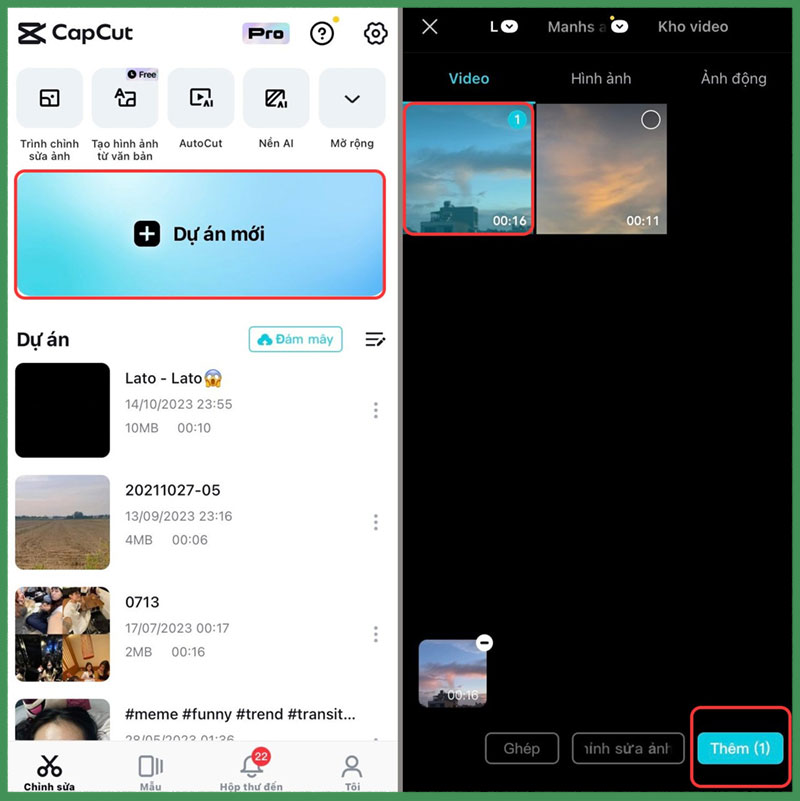buoc mo ung dung capcut va chon muc du an moi
