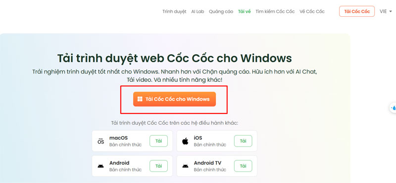 sau khi tai va cai dat trinh duyet coc coc