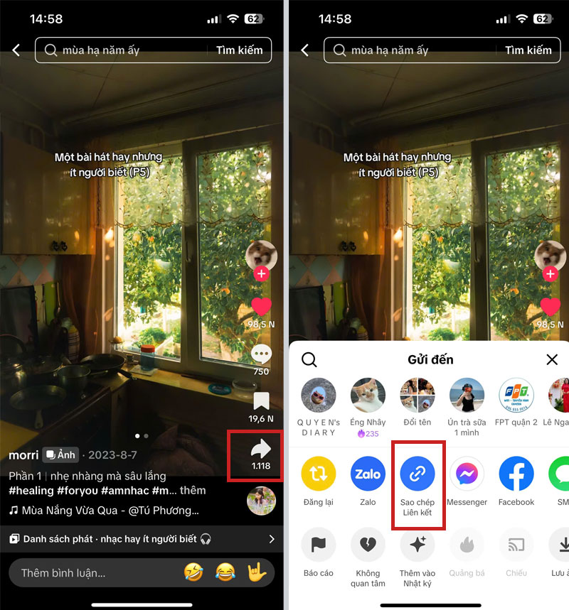 buoc mo ung dung tiktok tim den video ban muon lay audio nhan vao nut chia se chon sao chep lien ket