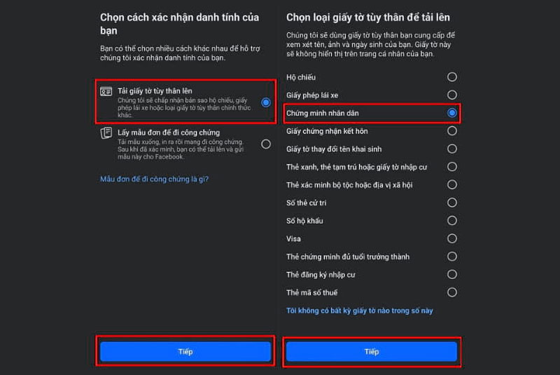 trong danh sach giay to neu chua thay muc cccd ban co the chon cmnd va su dung the can cuoc de thay the