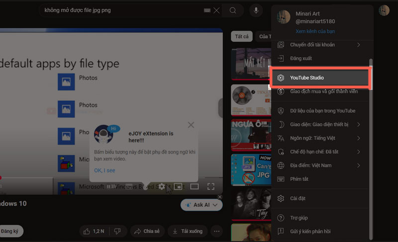 buoc truy cap youtube studio