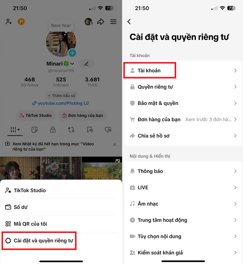 buoc vao muc cai dat tai khoan