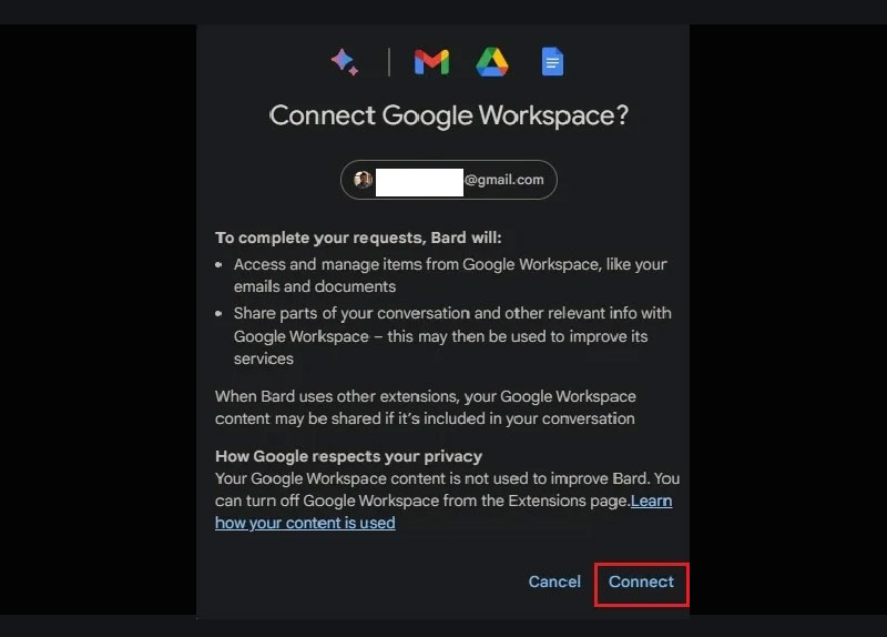 buoc chon “ket noi” de tich hop gemini voi google workspace