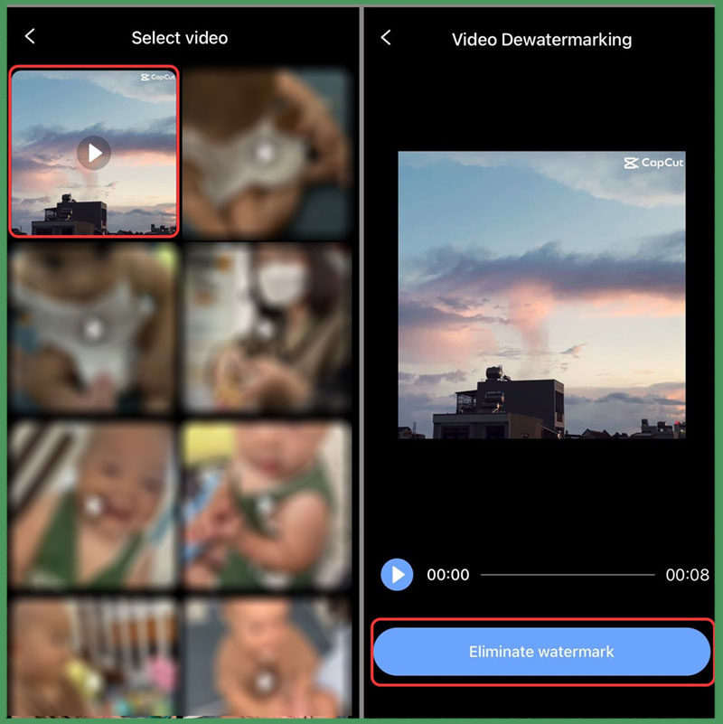 buoc chon video ban muon xoa logo sau do nhan vao tuy chon eliminate watermark