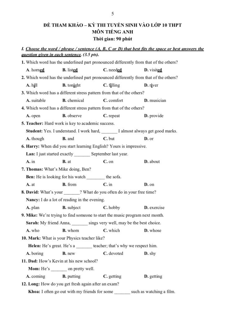 Đề thi mẫu lớp 10 THPT môn Tiếng Anh 2025