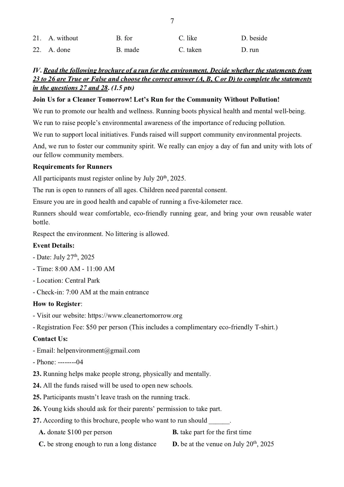 Đề thi mẫu lớp 10 THPT môn Tiếng Anh 2025