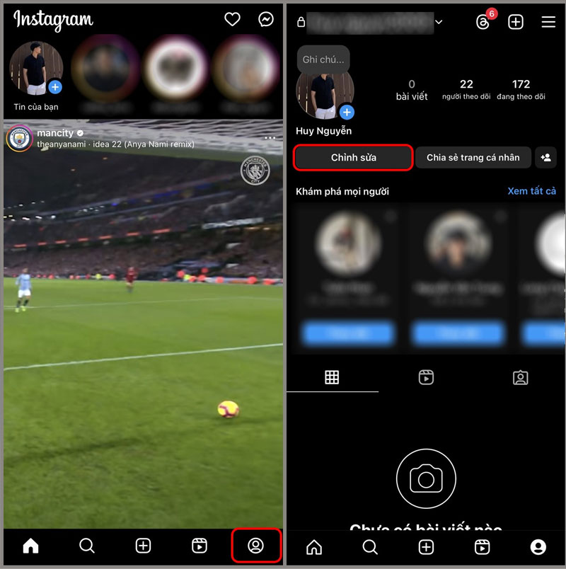 buoc mo ung dung instagram vao trang ca nhan va nhan chinh sua trang ca nhan