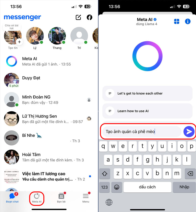 nhan vao bieu tuong nay de mo giao dien tro chuyen voi meta ai