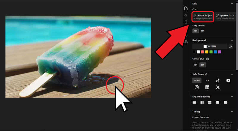 sau khi tai len chon video can chinh sua roi truy cap cong cu resize project o phan ben phai giao dien