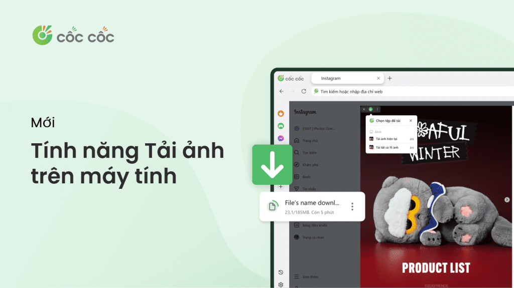 Tải ảnh từ Instagram, TikTok và story Facebook với Cốc Cốc tính năng tải ảnh cốc cốc