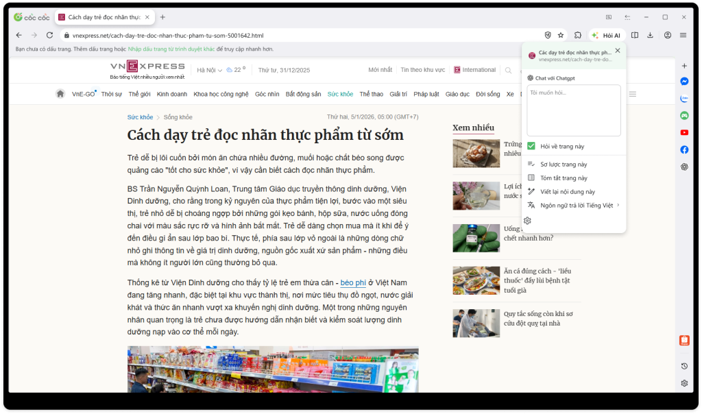 giao diện tính năng Hỏi AI hỏi ai cốc cốc phiên bản mới